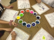 Aerial view of silk painting with Teaching Artist Lisa