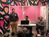 Northeast High School student Mohammed Elian sings "Jadaka Alghaythu" with his teachers Dr. Jay Fluellen on keyboard and Hafez Kotain on riq